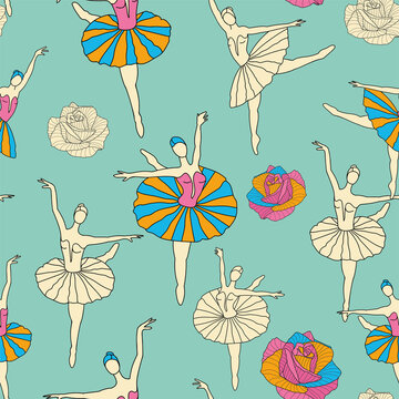 Dancing Girls and Roses Seamless Pattern. French vector green background. Vintage fabric design in pastel colors