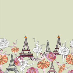 Eiffel Tower, Dancing Girls and Roses Seamless Pattern. French vector background. Vintage fabric design in pastel colors. Horizontal design.