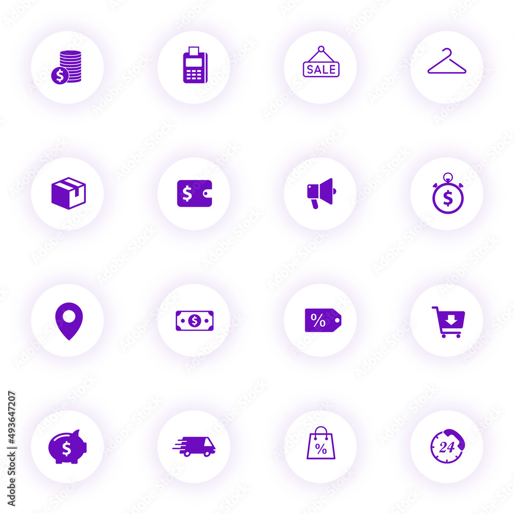 Poster shopping purple color vector icons on light round buttons with purple shadow. shopping icon set for 
