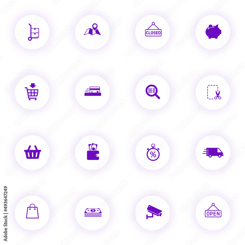 Poster shopping purple color vector icons on light round buttons with purple shadow. shopping icon set for 