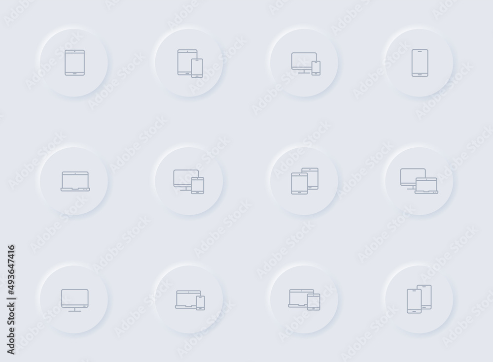 Aufkleber smart devices gray vector icons on round rubber buttons. smart devices icon set for web, mobile apps