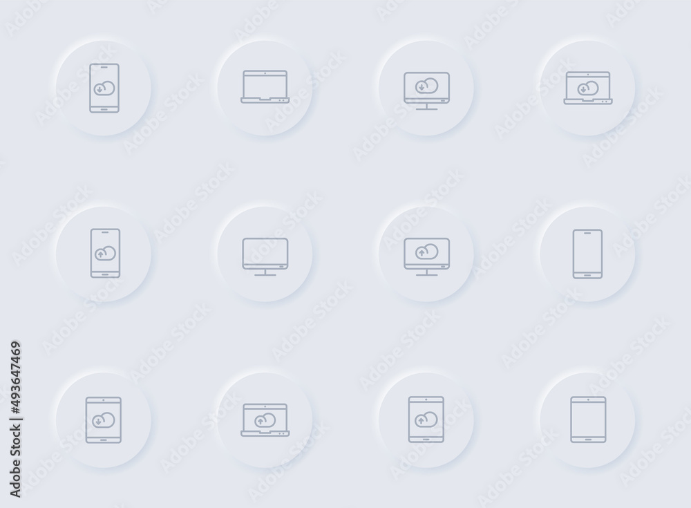 Poster smart devices gray vector icons on round rubber buttons. smart devices icon set for web, mobile apps