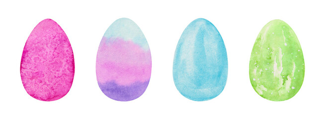 Set of watercolor colored gentle textured Easter eggs. Hand painted illustration of spring clipart isolated on white. Artistic hand drawn holiday design elements for happy Easter cards decoration