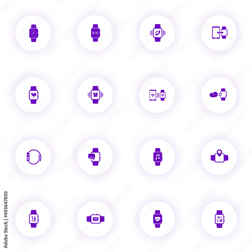 Poster smart watch purple color vector icons on light round buttons with purple shadow. smart watch icon se