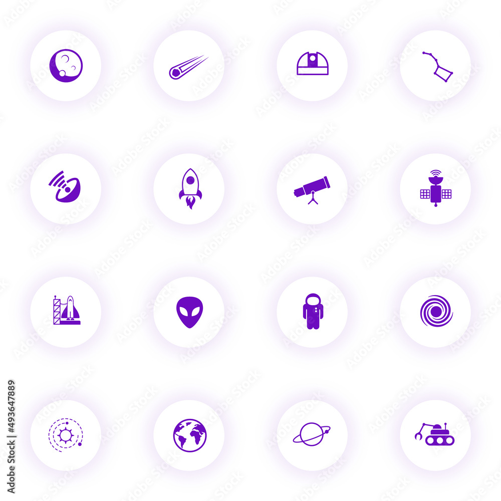 Poster space purple color vector icons on light round buttons with purple shadow. space icon set for web, m
