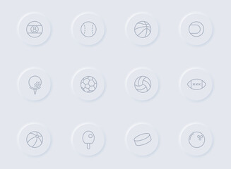 sport balls gray vector icons on round rubber buttons. sport balls icon set for web, mobile apps, ui design and promo business polygraphy