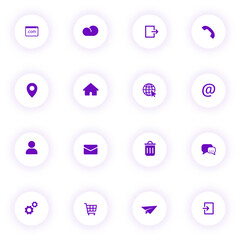 web purple color vector icons on light round buttons with purple shadow. web icon set for web, mobile apps, ui design and print
