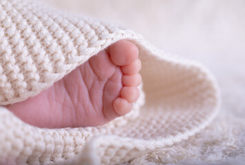 New Born Baby Feet on White Blanket