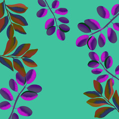 Ilustracja motyw roślinny kolorowe liście turkusowe tło	 - obrazy, fototapety, plakaty