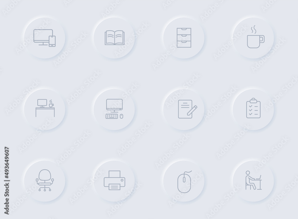 Poster workspace gray vector icons on round rubber buttons. workspace icon set for web, mobile apps, ui des