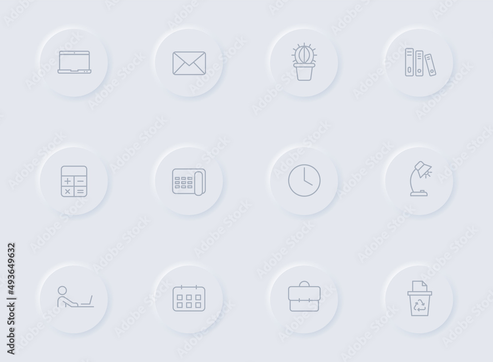 Poster workspace gray vector icons on round rubber buttons. workspace icon set for web, mobile apps, ui des