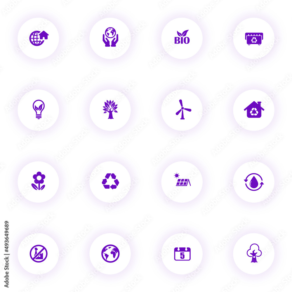 Poster world environment day purple color vector icons on light round buttons with purple shadow. world env