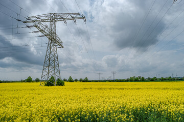 Beautiful farm landscape with yellow rapeseed at blossom field, wind turbines to produce green energy and high voltage power lines in Germany, at Spring and dramatic rainy sky.