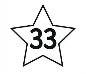 number 33. black vector with star and white background.
