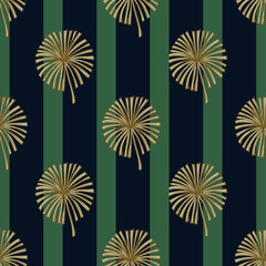 Fan palm leaves seamless pattern on. Vintage tropical foliage in engraving style.