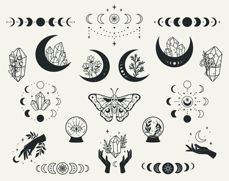 Set of mystical symbols: moon phases, crystals, witchy hands, crystal balls, flower moons. Vector with a slotted pattern. This collection will be great for design of mystical project, card and poster 