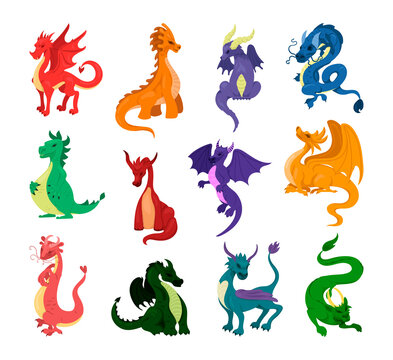 Collection of cartoon dragons. Asian and European dragons.