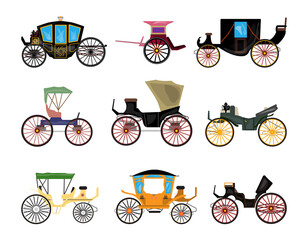 Collection of old carriages. Detailed flat illustrations.
