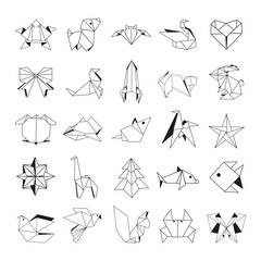 Collection of origami figurines in linear style. - obrazy, fototapety, plakaty
