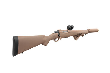 Modern bolt-action carbine with silencer and red dot sight. Scout rifle. Isolate on a white back.