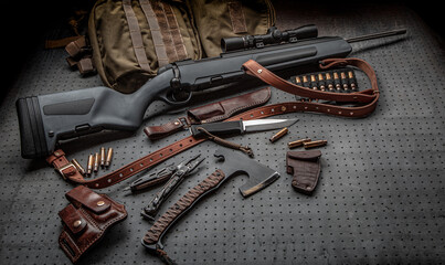 A modern bolt-action carbine with an optical sight. The scout rifle is on the backpack. Knife ax...