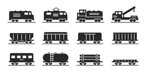 locomotive and wagon icon collection. train and railway freight cars. isolated vector images - obrazy, fototapety, plakaty