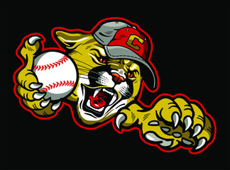 cougar mascot holding baseball for school, college or league