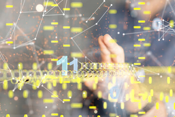 abstract lines with dots over dark background.