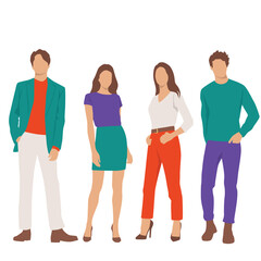 Obraz premium Set of young men and women, different colors, cartoon character, group of silhouettes of standing business people, students, the design concept of flat icon, isolated on white background