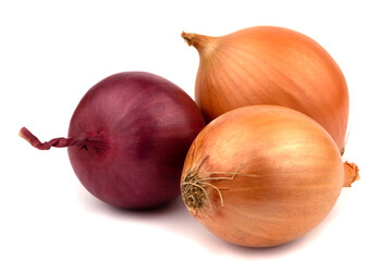 Yellow and red whole onions isolated on white background