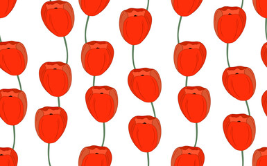 Spring colorful vector illustration with red tulips. Cartoon style. Design for fabric, textile, paper. Holiday print for Easter, Birthday, 8 march. Flowers with leaves