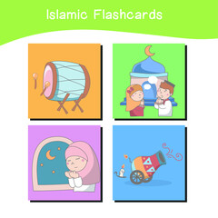 Fototapeta premium Cute Islamic image flashcards. Islamic flashcards collections. Colorful printable flashcards for preschool Educational printable game cards. Vector illustration.