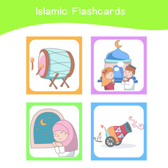 Cute Islamic image flashcards. Islamic flashcards collections. Colorful printable flashcards for preschool Educational printable game cards. Vector illustration.