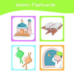 Cute Islamic image flashcards. Islamic flashcards collections. Colorful printable flashcards for preschool Educational printable game cards. Vector illustration.