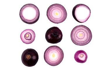 collection of onion slices isolated on white background