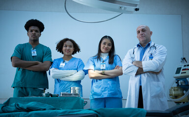 Medical professors and medical students team prepare before teaching surgery to medical students