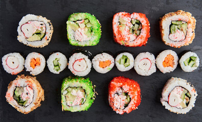 Flat lay of variety of sushi