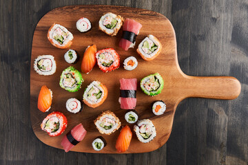 Flat lay of variety of sushi