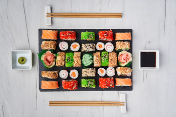 Flat lay of variety of sushi