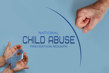 National Child Abuse Prevention Month, children's hands with a blue ribbon and an adult's fist
