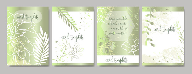 Plant cards, modern card with grasses and flowers and other floral elements. With metallic shine and textured effects. Minimal design. Elegant template. All elements are isolated and editable.