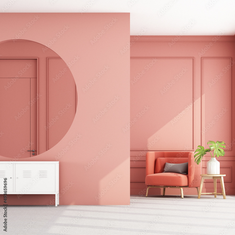 Wall mural Stylish living pink tone room interior of modern apartment and trendy furniture, armchair on carpet floor and void circle wall and elegant accessories. Home decor, 3D render, 3D illustration