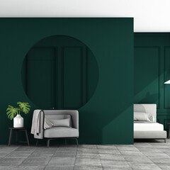 Stylish living green tone room interior of modern apartment and trendy furniture, gray sofa on concrete tile floor and void circle wall and elegant accessories. Home decor, 3D render, 3D illustration