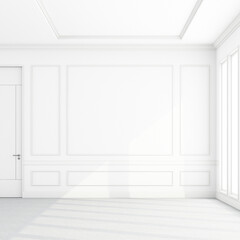 Stylish living room interior of modern apartment and trendy furniture, classic pattern wall on parquet wooden floor and elegant accessories. Home decor. Template, 3D render, 3D illustration