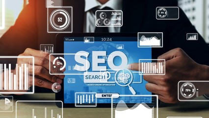SEO - Search Engine Optimization for Online Marketing conceptual. Modern graphic interface showing...