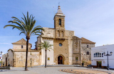 view of the historic parish church in the old city center of Rota