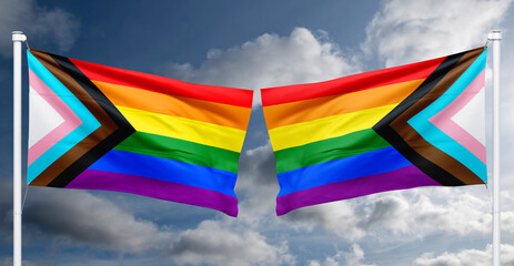 Progress LGBTQ rainbow flag waving in the wind at cloudy sky. Freedom and love concept. Pride...