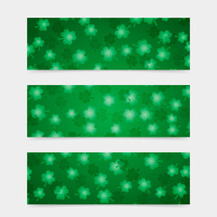 Green clover leaves vector background. Set of 3 banners for St. Patricks Day. Perfect template for website, social media, etc.