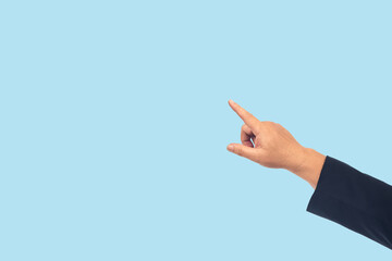 Businessman fingers pointing up on blank screen.