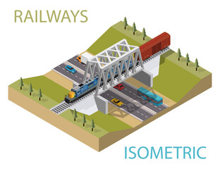 Infographic Railway bridge over the highway isometric elements design icon set vector graphic illustration. - 493660485